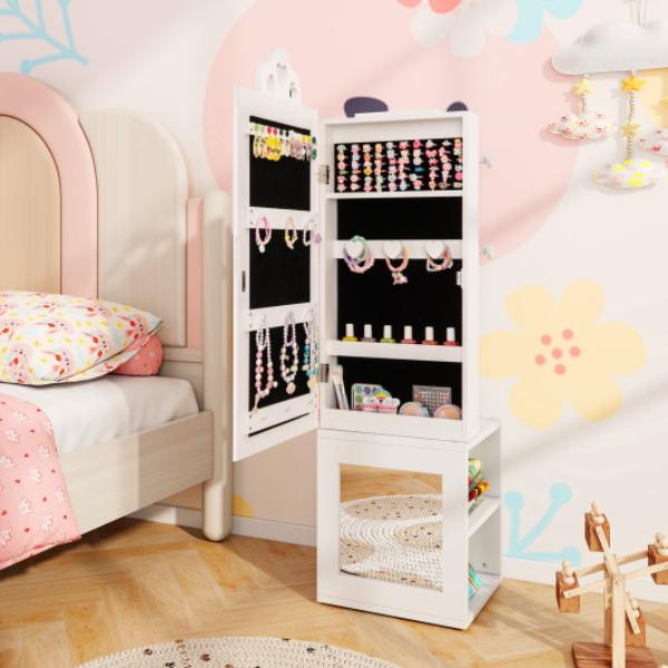 Picture of Costway HY10316WH 3-in- 1 Freestanding Kids Jewelry Cabinet Armoire with Full Length Mirror - White