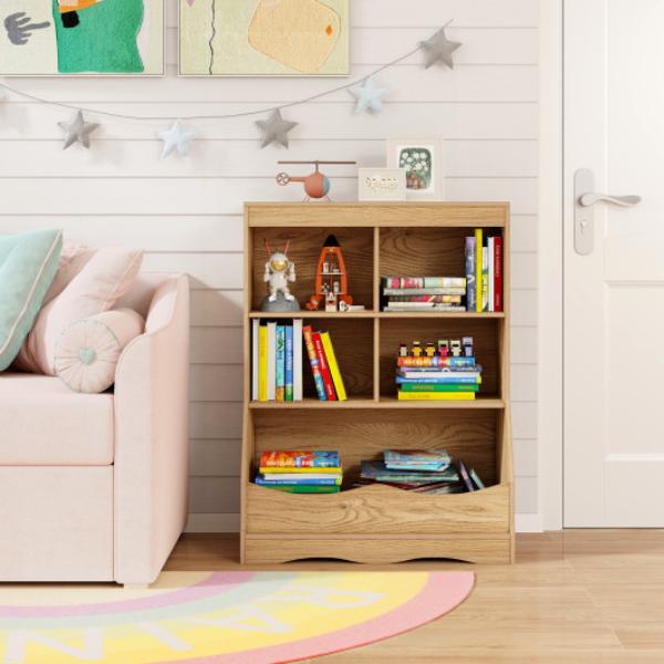 Picture of Costway JV11887NA 34.5 in. Kids Bookshelf with 5 Bins for Playroom & Living Room - Natural
