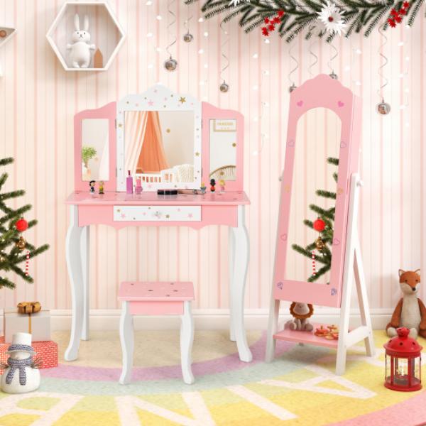 Picture of Costway HY10313PI Plus HW68464PI Kids Vanity Set & Jewelry Armoire Cabinet with Full Length Mirror - Pink - 2 Piece