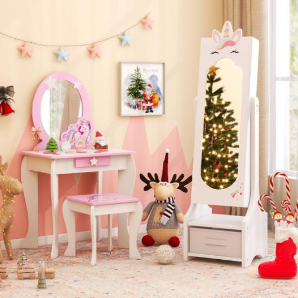 Picture of Costway HY10318WH Plus HW66654WH Kids Princess Vanity Table & Stool Set with Jewelry Cabinet & Mirror Drawer - White