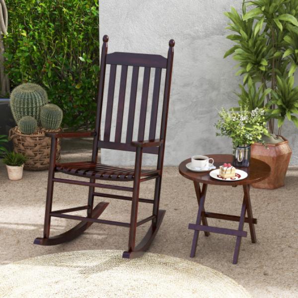 Picture of Costway JV12115BN High Back Acacia Wood Outdoor Rocking Chair with Solid Rocking Base - Brown