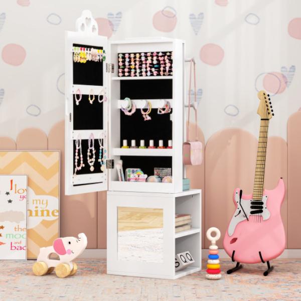 Picture of Costway HY10316WH Plus HW64356WH Princess Vanity Table & Stool Set Freestanding Jewelry Cabinet Armoire with Full - Length Mirror - White
