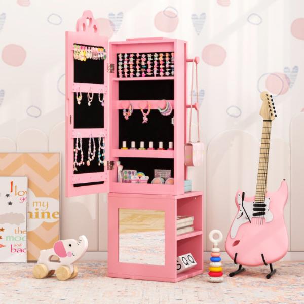 Picture of Costway HY10316PI Plus HW64356PI Princess Vanity Table & Stool Set Freestanding Jewelry Cabinet Armoire with Full - Length Mirror - Pink