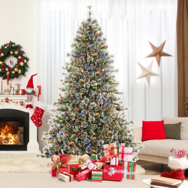 CM24968US-M 6-7.5-9 ft. Artificial Christmas Tree Pre-Lit Hinged Holiday Tree with 360 deg Quick Power Connector - 7.5 ft.