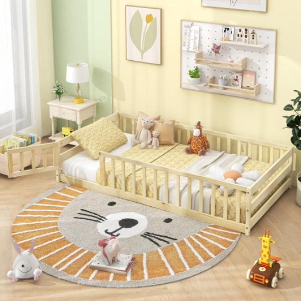 Picture of Costway HU10751NA Twin Size Kids Wood Montessori Floor Bed with Door & Fence - Natural