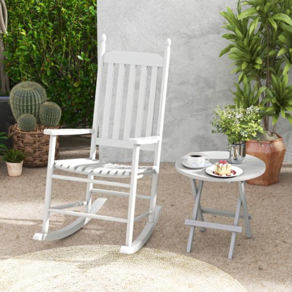 JV12115WH High Back Acacia Wood Outdoor Rocking Chair with Solid Rocking Base - White