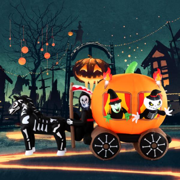 TT10030US 10.2 ft. Long Halloween Inflatable Carriage with Pumpkin & 2 Ghosts
