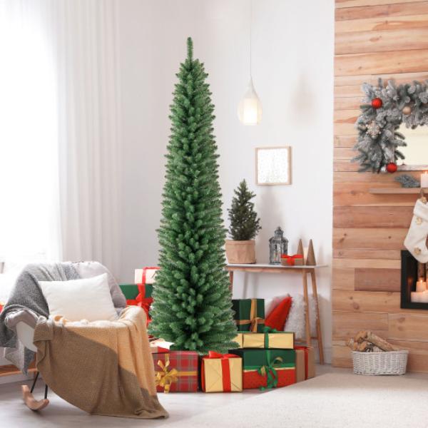 CM24753US-7 Pencil Christmas Tree with Memory Wire Branch Tips & Warm LED Lights - 7 ft.