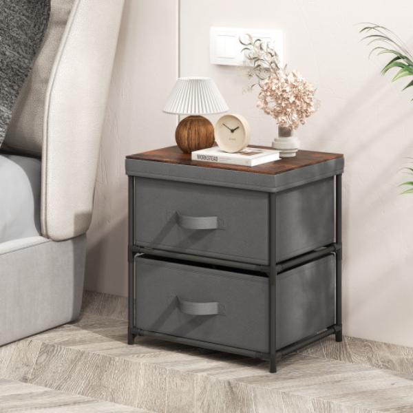 JZ10128BK-2 2 Drawer Nightstand with Removable Fabric Bins & Pull Handles - Black - Set of 2