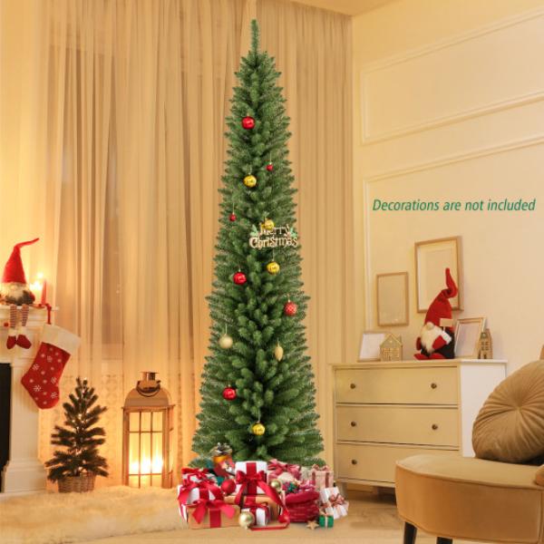 CM24753-7 Pencil Christmas Tree with 295-392-523-671 Memory Wire Branch Tips & Upgraded Metal Stand - 7 ft.