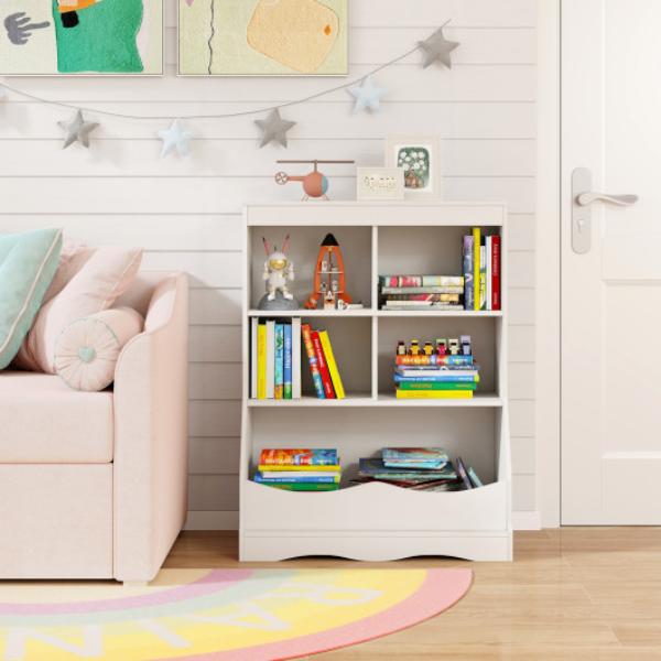 Picture of Costway JV11887WH 34.5 in. Kids Bookshelf with 5 Bins for Playroom & Living Room - White