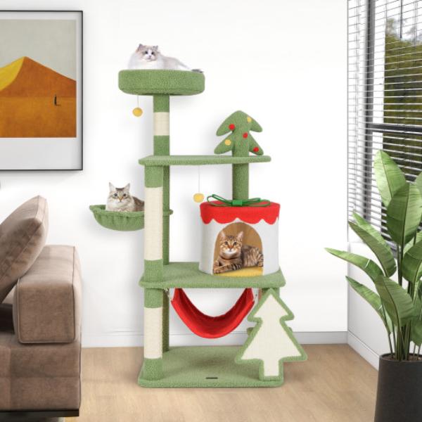 Picture of Costway PV10252GN Cute Christmas Cat Tree with Sisal Scratching Posts & Gift Box Shaped Condo - Green
