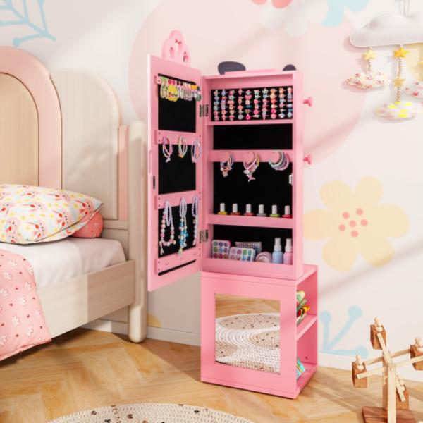 Picture of Costway HY10316PI 3-in- 1 Freestanding Kids Jewelry Cabinet Armoire with Full Length Mirror - Pink