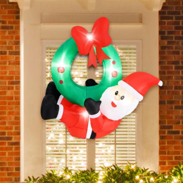 CM24953US 4 ft. Inflatable Santa Claus Wreath with Red Bow & 5 LED Lights