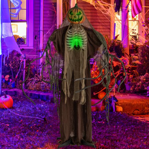 CM24707 6 ft. Halloween Animatronics Light Up Talking Ghost Pumpkin with Glowing Ribs & Moving Head