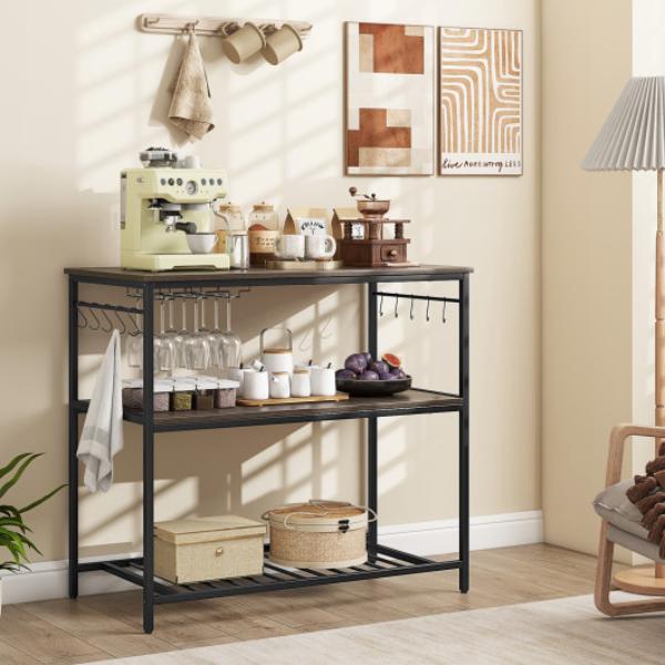 KC57138GR Kitchen Island with 3 Shelves Wine Glass Holders & 10 Hooks - Gray