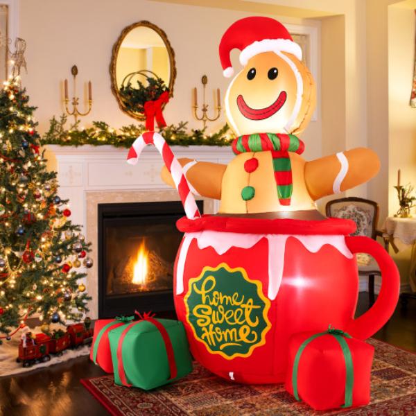CM24922US 7 ft. Inflatable Gingerbread Man in Hot Cocoa Mug with Built LED Lights & Gift Boxes