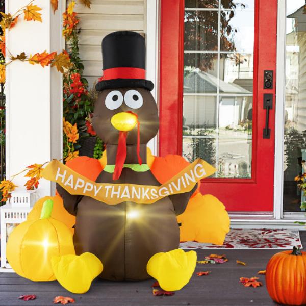 CM24942US 5 ft. Inflatable Turkey with Pumpkin & LED Lights for Indoor Party