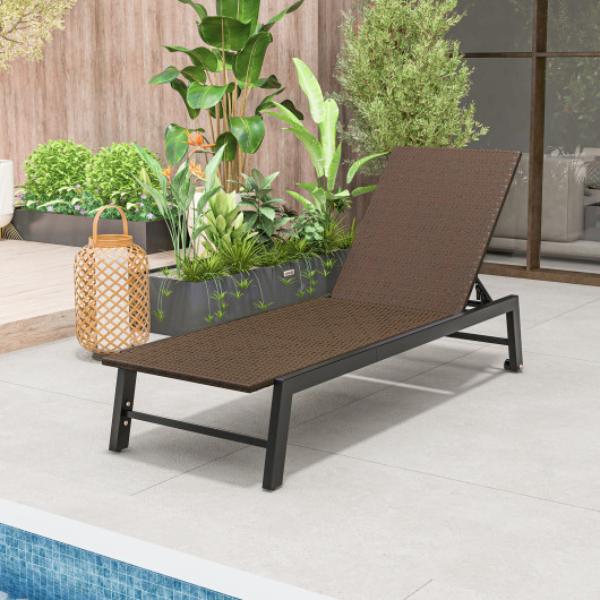 HW72797 PE Wicker Patio Chaise Lounge Chair with Wheels for Poolside Backyard & Deck