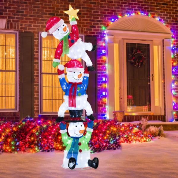 CM24900US 6 ft. Pre-Lit Stacked Snowman Set with 155 LED Lights & Ground Stakes