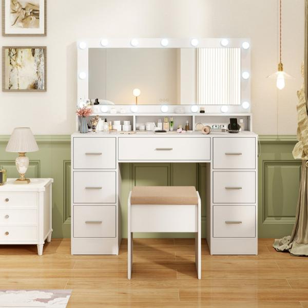 HU10726US-WH Makeup Vanity Desk with Mirror 3-Color LED Lights & Charging Station - White