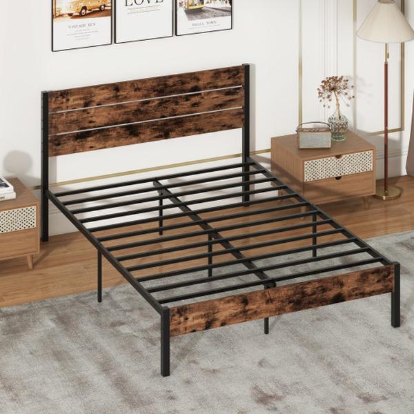 HU10833CF-Q Rustic Brown & Black Bed Frame with High Headboard & Mute Bar - Queen Size