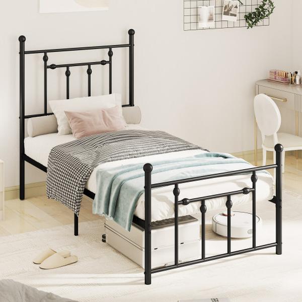 HU10837DK-T Black Heavy-Duty Metal Bed Frame with Headboard - Twin Size