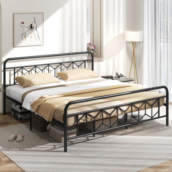 HU10839DK-K Black Platform Bed with High Headboard & Snap Lock Metal Slats - King Size