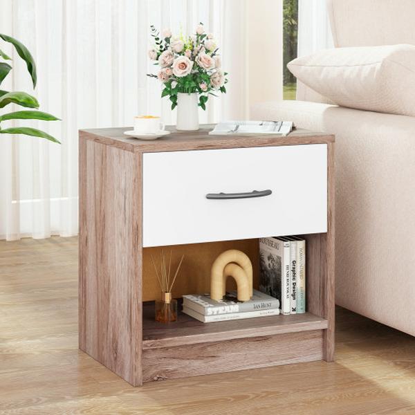 HU10887SO Bedside Table Nightstand with Drawer & Open Storage Shelf - Oak