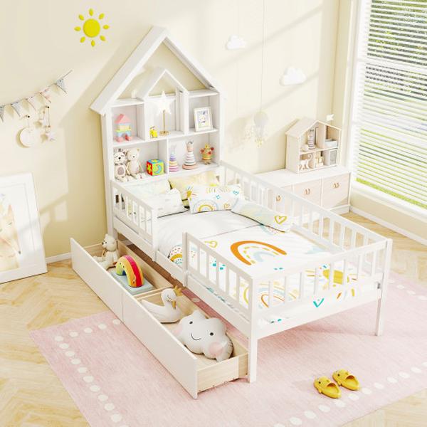 Picture of Costway HU11035WH- Twin Size Kids Montessori Bed with House-Shaped Storage Headboard - White