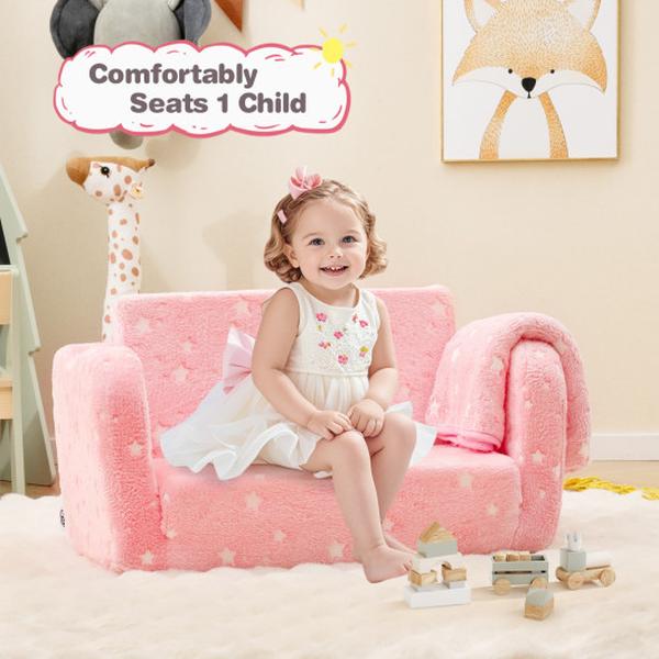 Picture of Costway HV10575PI 2-in-1 Folding Kids Couch with Blanket Glow in the Dark - Pink