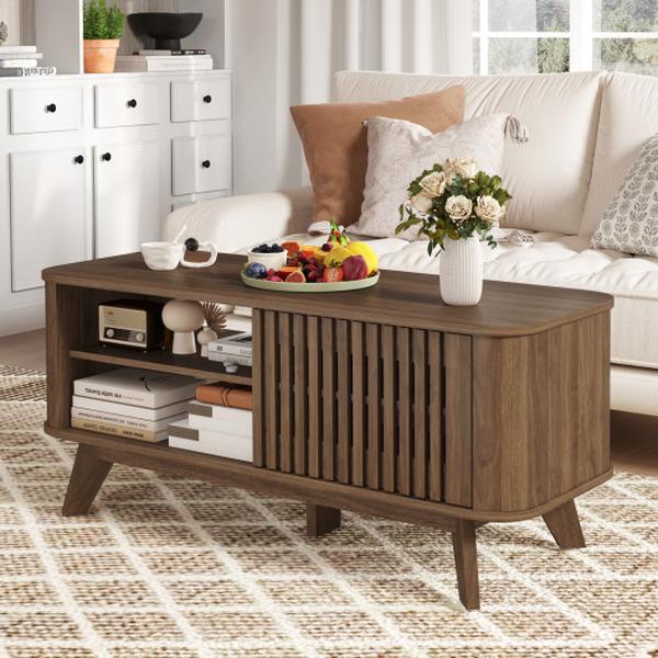 HV10706WN Rectangular Coffee Table with Storage & Adjustable Shelves - Walnut