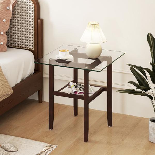 HV10725BN 24 in. 2-Tier Square Glass Center Coffee Table with Storage Shelf - Brown