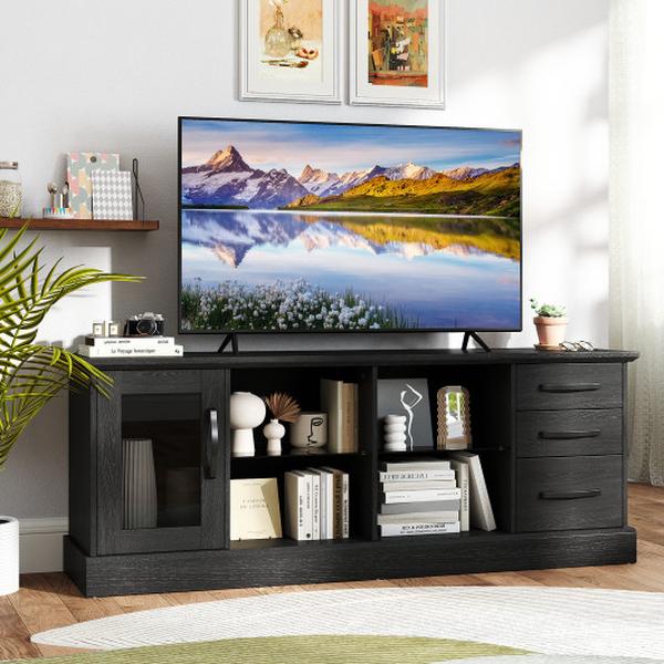 HV10653DK 63 in. Console Media Table with 3 Drawers & 2 Glass Shelves - Black