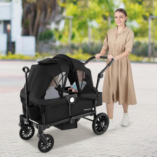 BC10232BK 2 Seater Push Pull Collapsible Kids Wagon Stroller with Adjustable Handlebars - Black