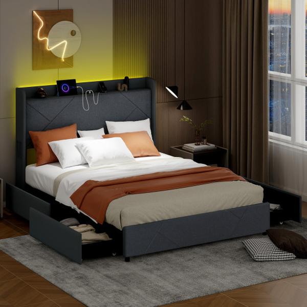 Picture of Costway HU10582GR-Q Bed Frame with LED Lights & Charging Station - Queen Size