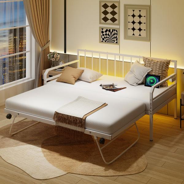 Picture of Costway HU10788US-WH Adjustable Metal Twin Size Daybed with Charging Station & LED Light - White