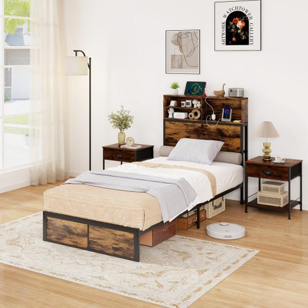 HU10817CF-T Rustic Brown Bed Frame with Storage Headboard Industrial Metal Platform Bed - Twin Size
