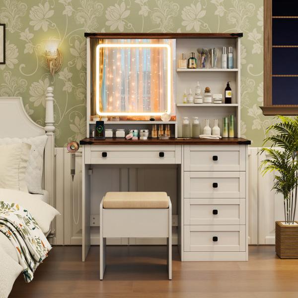 HU10848US-WH Farmhouse Vanity Set with Mirror & 3-Color Lighting - White