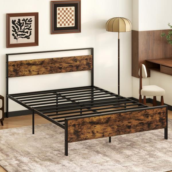 Picture of Costway HU10838CF-Q Metal Frame Industrial Platform Bed with Wooden Headboard - Queen Size