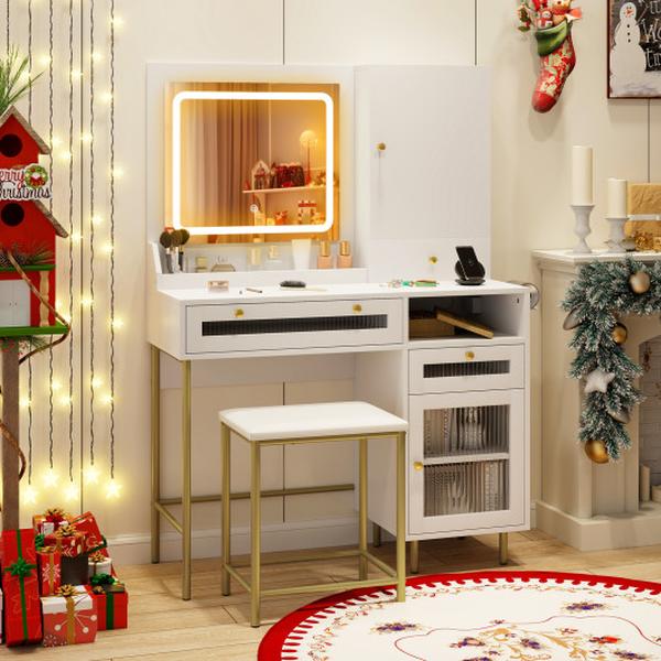 HU10853US-WH Modern Makeup Vanity Desk with Mirror & Lights, Stool Set - White