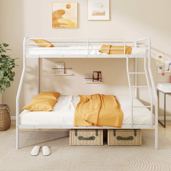 HU10873WH Twin Over Full Size Bunk Bed with Ladder & Full-length Guardrails - White