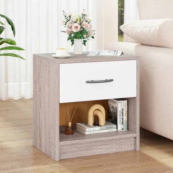 HU10887TW Bedside Table Nightstand with Drawer & Open Storage Shelf - Light Gray