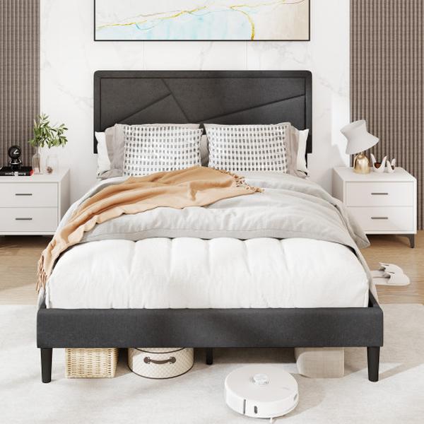 HU10905GR-F Gray Upholstered Platform Bed Frame with High Headboard - Full Size
