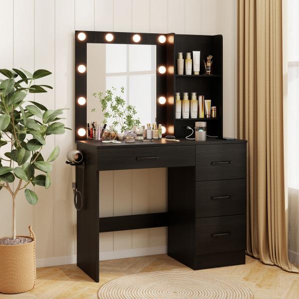 HU10923US-DK- Vanity Desk with 3-Color Lights & Power Outlets - Black