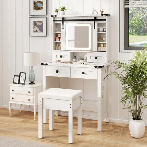 HU10928US-WH Makeup Vanity Desk with Mirror & Adjustable Storage Shelves - White
