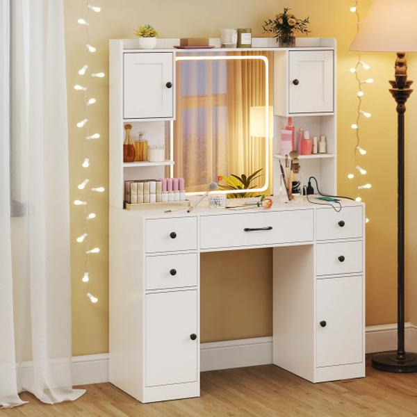HU10929US-WH Makeup Vanity Desk with Lighted Mirror & Charging Station - White
