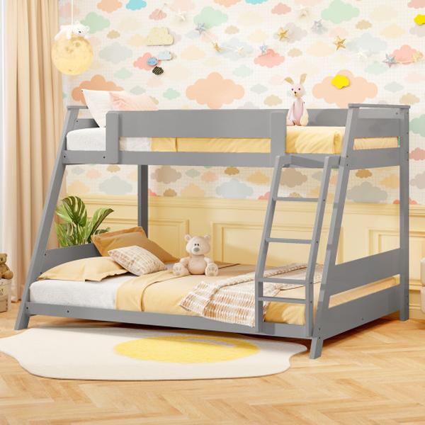 HU10957GR- Twin Over Full Size Low Bunk Bed with Reversible Ladder - Gray