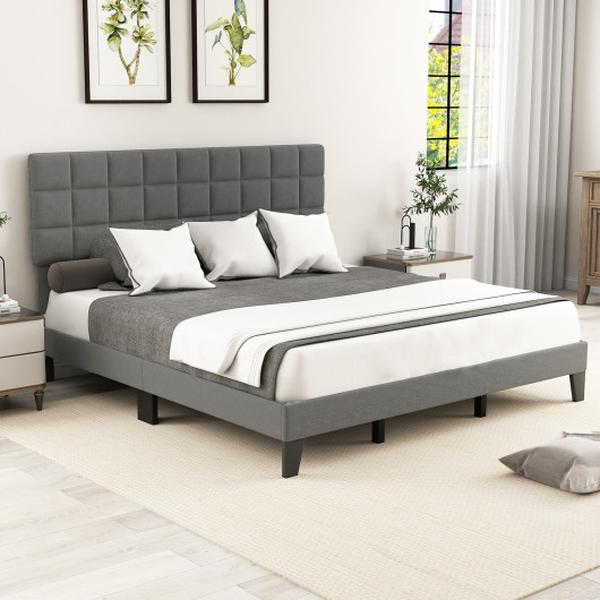 Picture of Costway HU10975GRK- King Size Modern Linen Bed Frame with Adjustable Headboard - Gray