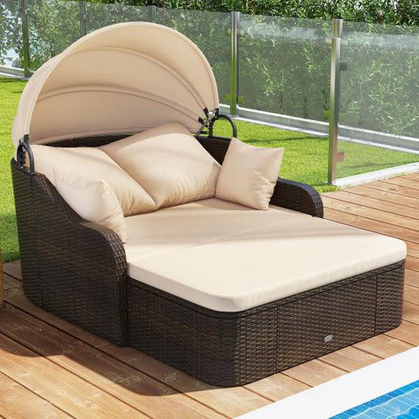 HW72993BN- Patio PE Rattan Daybed with Retractable Canopy & Soft Cushions - Beige
